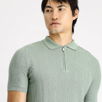 Light Green Polo Collar Regular Fit Zip-Up Patterned Cotton T-Shirt