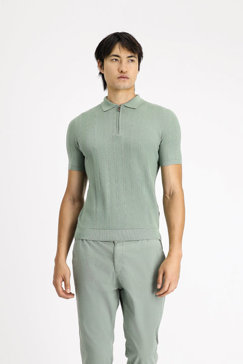 Light Green Polo Collar Regular Fit Zip-Up Patterned Cotton T-Shirt