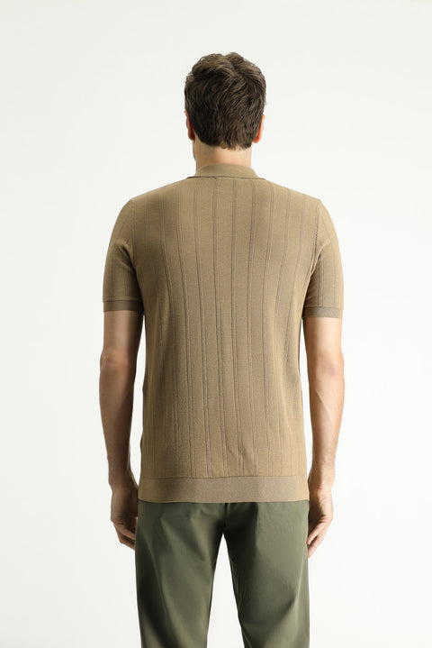 Orta Vizon Polo Yaka Regular Fit Fermuarlı Desenli Pamuklu Tişört