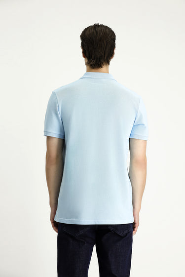 Açık Mavi Slim Fit Dar Kesim Nakışlı Pamuk Polo Yaka Tişört