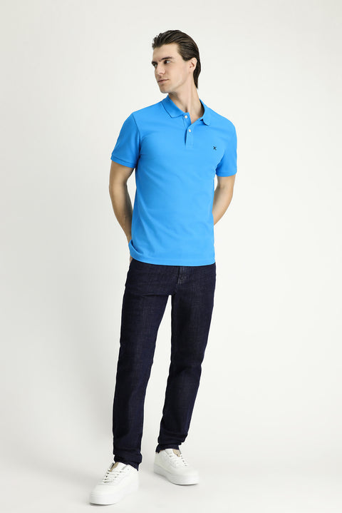 Koyu Mavi Slim Fit Dar Kesim Nakışlı Pamuk Polo Yaka Tişört