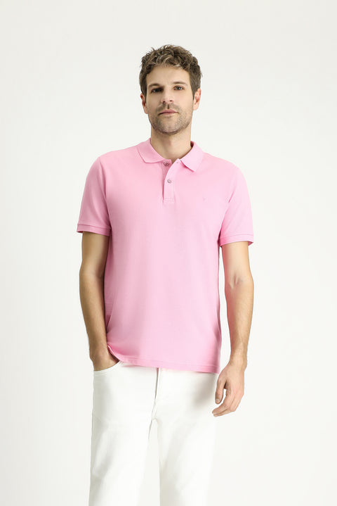 Orta Pembe Slim Fit Dar Kesim Nakışlı Pamuk Polo Yaka Tişört