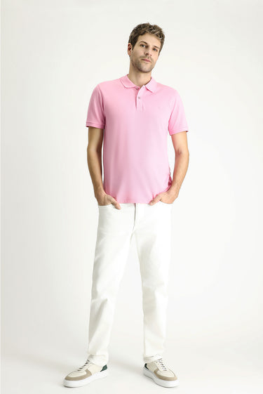 Orta Pembe Slim Fit Dar Kesim Nakışlı Pamuk Polo Yaka Tişört