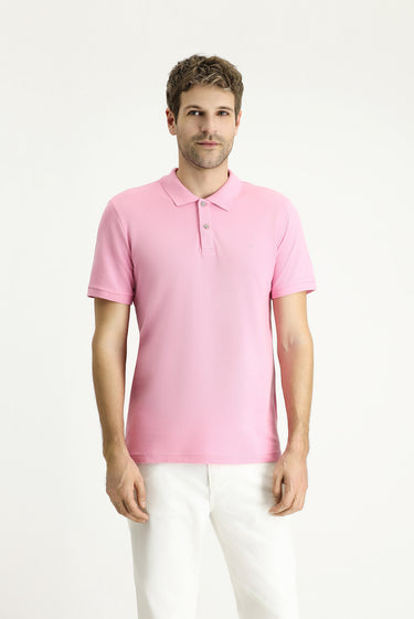 Orta Pembe Slim Fit Dar Kesim Nakışlı Pamuk Polo Yaka Tişört