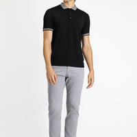 Siyah Polo Yaka Slim Fit Dar Kesim Desenli Pamuklu Tişört