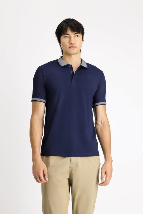 Orta Lacivert Polo Yaka Slim Fit Dar Kesim Desenli Pamuklu Tişört