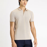 Açık Bej Polo Yaka Slim Fit Dar Kesim Desenli Pamuklu Tişört