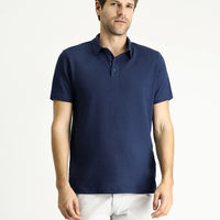 Koyu Lacivert Polo Yaka Slim Fit Dar Kesim Keten Karışımlı Tişört