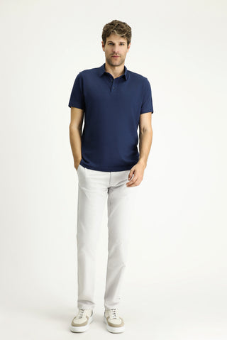 Koyu Lacivert Polo Yaka Slim Fit Dar Kesim Keten Karışımlı Tişört