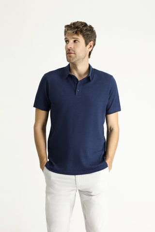 Koyu Lacivert Polo Yaka Slim Fit Dar Kesim Keten Karışımlı Tişört