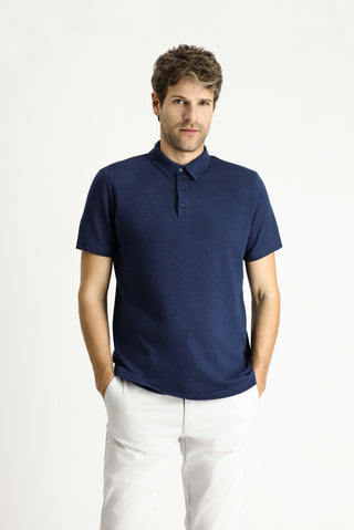 Koyu Lacivert Polo Yaka Slim Fit Dar Kesim Keten Karışımlı Tişört