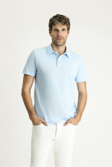 Açık Mavi Polo Yaka Slim Fit Dar Kesim Keten Karışımlı Tişört