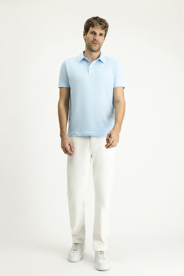 Açık Mavi Polo Yaka Slim Fit Dar Kesim Keten Karışımlı Tişört