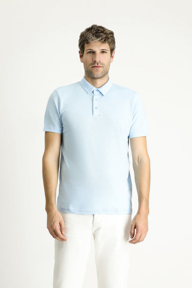 Açık Mavi Polo Yaka Slim Fit Dar Kesim Keten Karışımlı Tişört