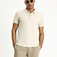 Orta Bej Polo Yaka Slim Fit Dar Kesim Keten Karışımlı Tişört