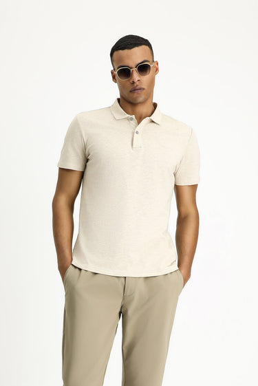 Orta Bej Polo Yaka Slim Fit Dar Kesim Keten Karışımlı Tişört