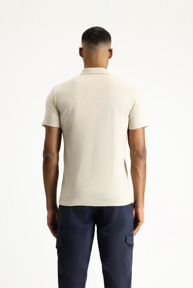 Orta Bej Polo Yaka Slim Fit Dar Kesim Keten Karışımlı Tişört