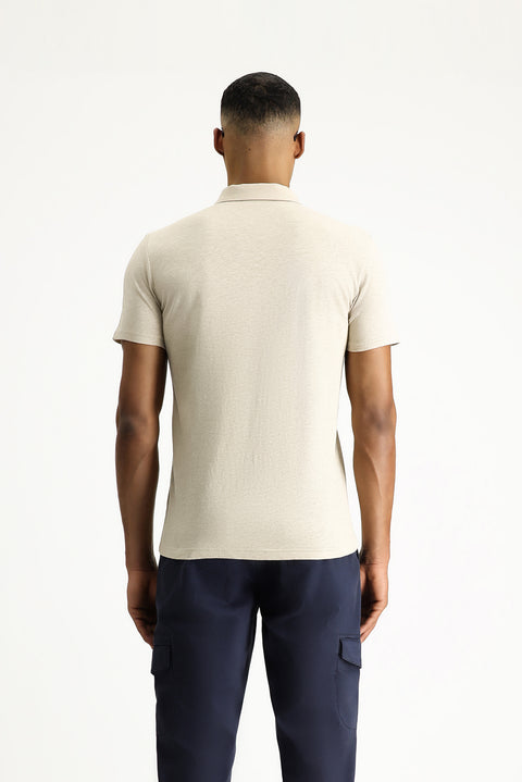 Orta Bej Polo Yaka Slim Fit Dar Kesim Keten Karışımlı Tişört