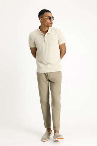 Orta Bej Polo Yaka Slim Fit Dar Kesim Keten Karışımlı Tişört