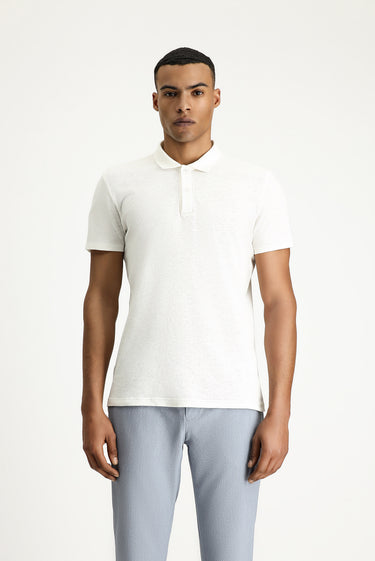Beyaz Polo Yaka Slim Fit Dar Kesim Keten Karışımlı Tişört