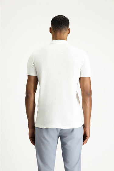Beyaz Polo Yaka Slim Fit Dar Kesim Keten Karışımlı Tişört