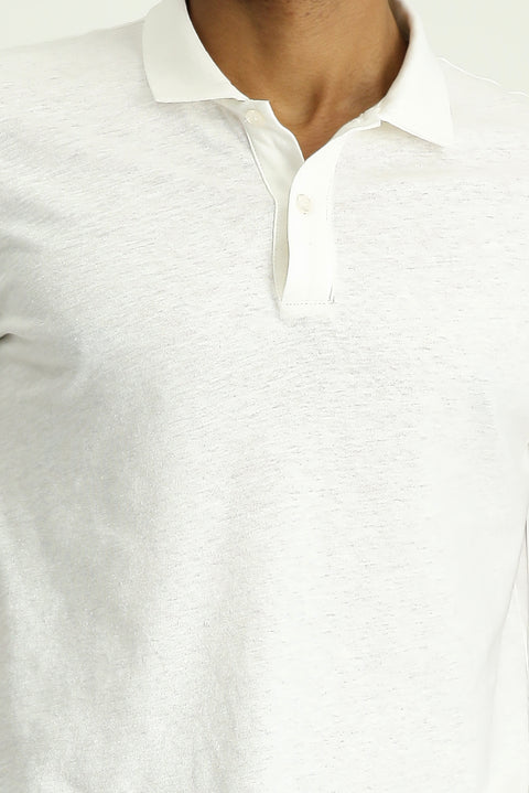 White Polo Collar Slim Fit Linen Blend T-shirt