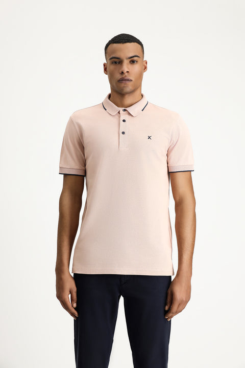 Toz Pembe Polo Yaka Slim Fit Dar Kesim Desenli Nakışlı Pamuk Tişört
