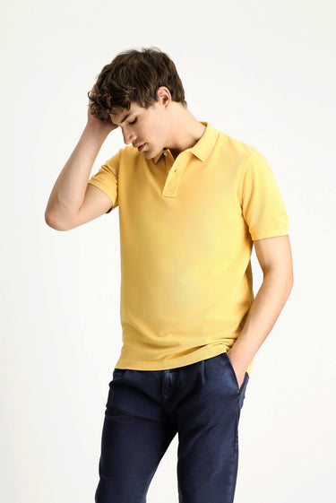 Koyu Sarı Slim Fit Dar Kesim Nakışlı Pamuk Polo Yaka Tişört