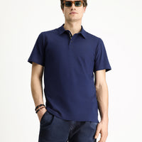 Orta Lacivert Polo Yaka Slim Fit Dar Kesim Nakışlı Pamuk Tişört