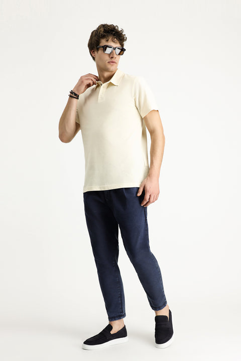 Krem Polo Yaka Slim Fit Dar Kesim Nakışlı Pamuk Tişört