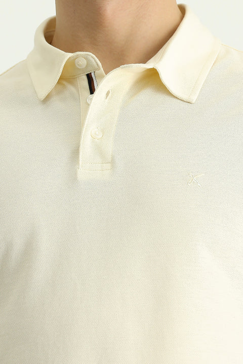 Krem Polo Yaka Slim Fit Dar Kesim Nakışlı Pamuk Tişört