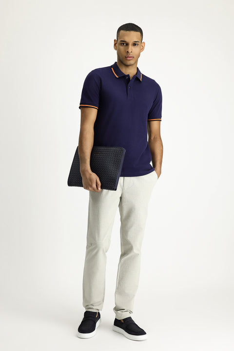 Koyu Lacivert Polo Yaka Slim Fit Dar Kesim Desenli Pamuk Tişört