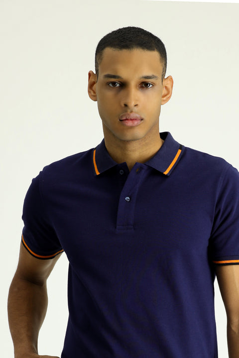 Koyu Lacivert Polo Yaka Slim Fit Dar Kesim Desenli Pamuk Tişört