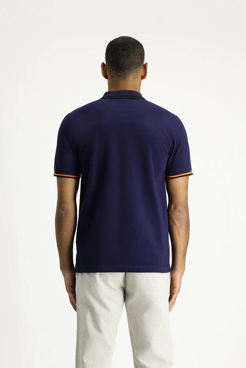 Koyu Lacivert Polo Yaka Slim Fit Dar Kesim Desenli Pamuk Tişört