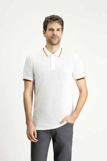 Beyaz Polo Yaka Slim Fit Dar Kesim Desenli Pamuk Tişört