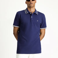 Orta Lacivert Polo Yaka Slim Fit Dar Kesim Desenli Nakışlı Pamuk Tişört