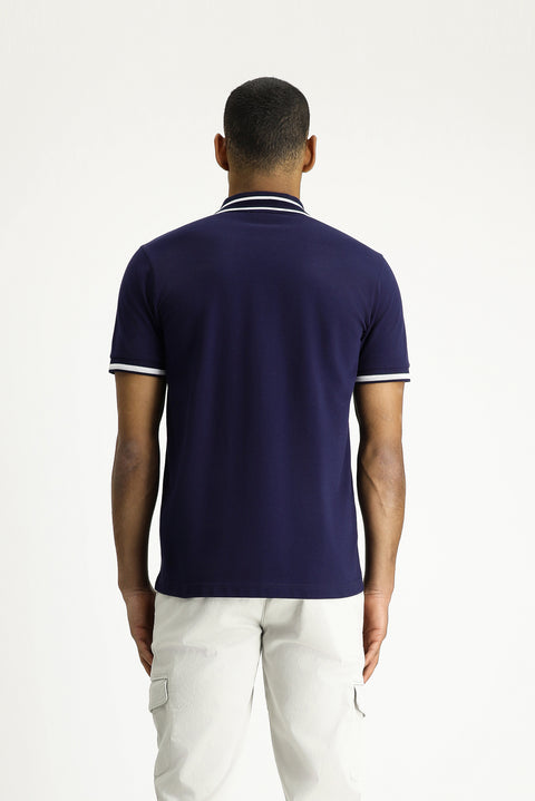 Orta Lacivert Polo Yaka Slim Fit Dar Kesim Desenli Nakışlı Pamuk Tişört