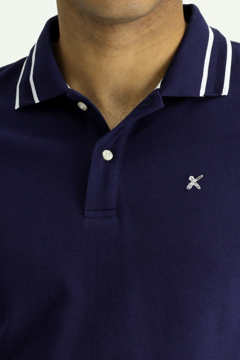 Orta Lacivert Polo Yaka Slim Fit Dar Kesim Desenli Nakışlı Pamuk Tişört
