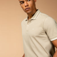 Light Beige Polo Collar Slim Fit Narrow Cut Patterned Embroidered Cotton T-shirt