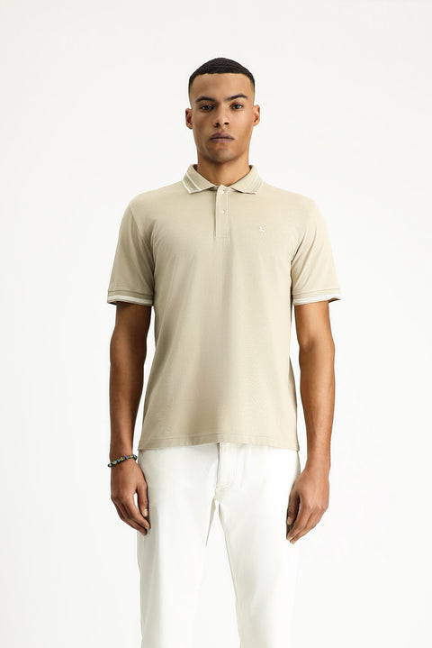 Light Beige Polo Collar Slim Fit Narrow Cut Patterned Embroidered Cotton T-shirt