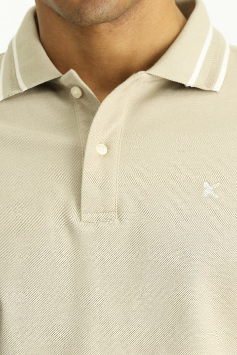 Light Beige Polo Collar Slim Fit Narrow Cut Patterned Embroidered Cotton T-shirt
