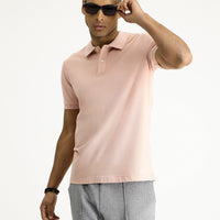 Toz Pembe Polo Yaka Slim Fit Dar Kesim Nakışlı Pamuk Tişört