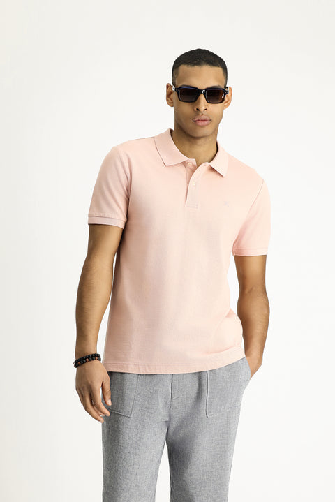 Toz Pembe Polo Yaka Slim Fit Dar Kesim Nakışlı Pamuk Tişört