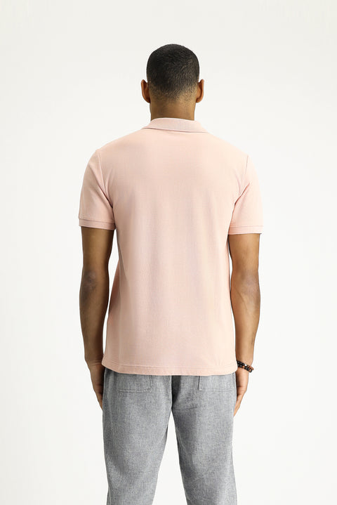 Toz Pembe Polo Yaka Slim Fit Dar Kesim Nakışlı Pamuk Tişört