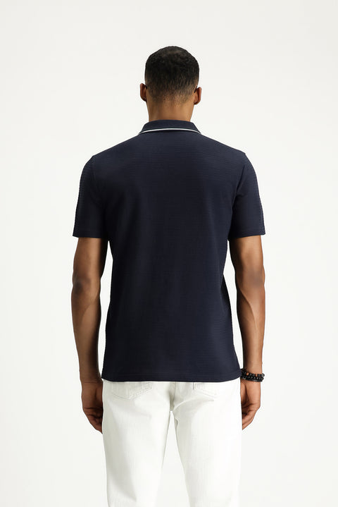 Koyu Lacivert Polo Yaka Slim Fit Dar Kesim Fermuarlı Pamuk Tişört