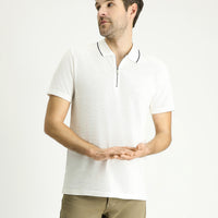 Ekru Polo Yaka Slim Fit Dar Kesim Fermuarlı Pamuk Tişört