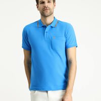 Koyu Mavi Slim Fit Dar Kesim Desenli Nakışlı Pamuk Polo Yaka Tişört