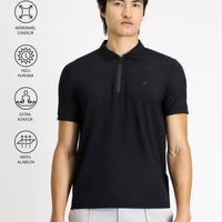 Siyah Techno-Line Polo Yaka Slim Fit Dar Kesim Fermuarlı Likralı Tişört