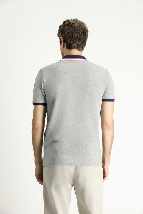 Orta Gri Melanj Slim Fit Dar Kesim Pamuk Polo Yaka Tişört