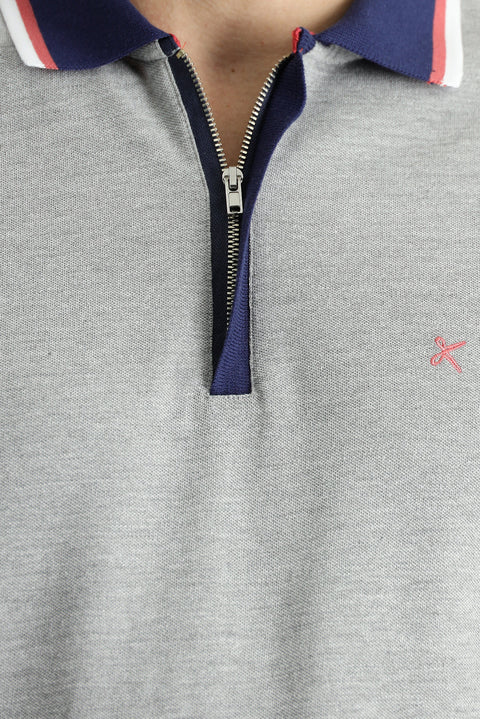 Orta Gri Melanj Slim Fit Dar Kesim Pamuk Polo Yaka Tişört